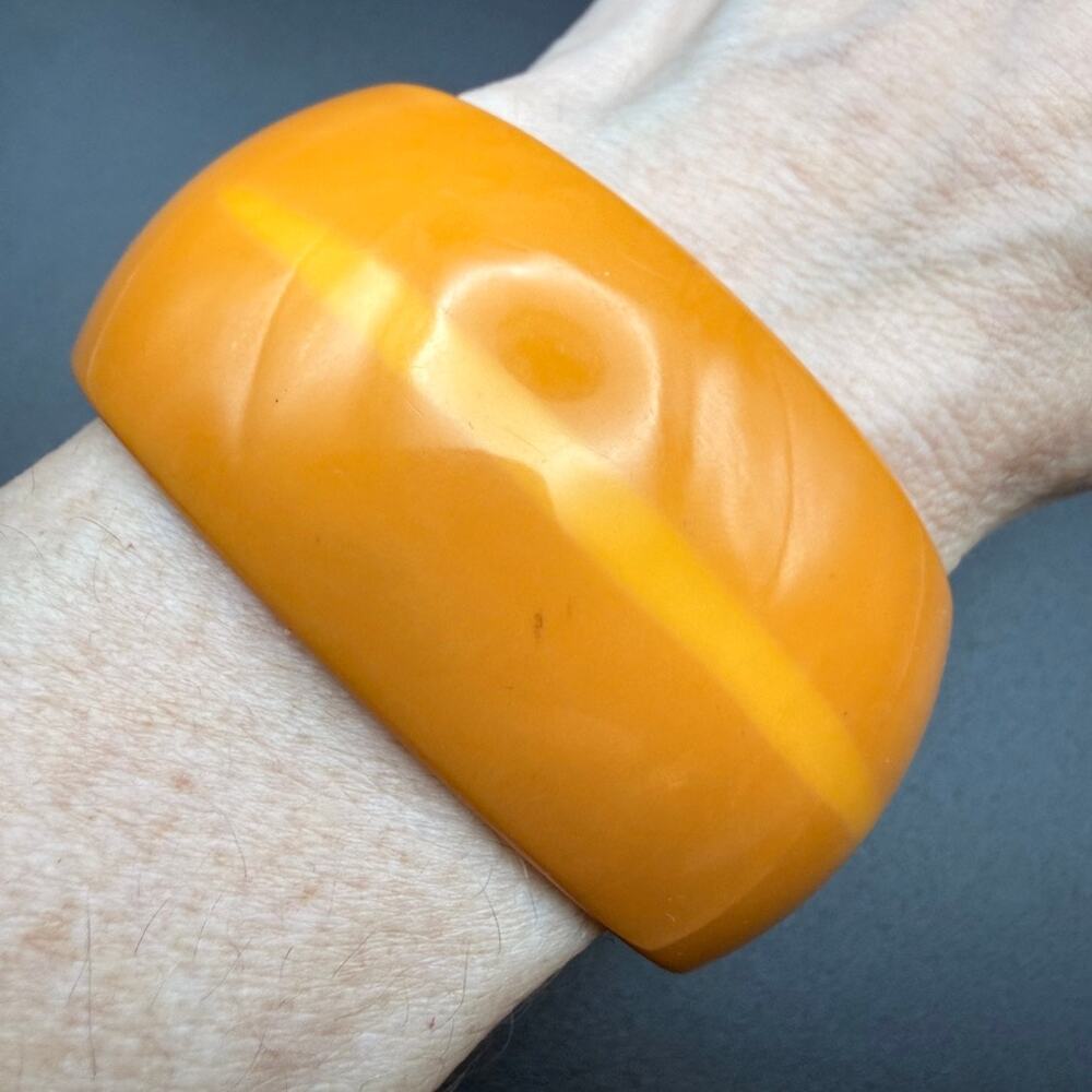 Vintage MCM Bakelite Wide Bangle Bracelet Butterscotch Yellow Orange Chunky Bold